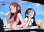  3girls 90millimetri aqua_bikini bangs barbara_parker bare_shoulders bikini black_hair blonde_hair blue_bikini blue_eyes blunt_ends breasts brown_eyes brown_hair cleavage clenched_teeth closed_mouth cloud cloudy_sky collarbone crossed_arms day diana_cavendish frown gold_bikini hand_on_hip hand_on_own_face hand_up hanna_england highres linea_alba little_witch_academia long_hair looking_at_viewer medium_breasts multicolored_bikini multicolored_clothes multiple_girls navel open_mouth parted_bangs short_eyebrows sideboob sidelocks single_sidelock sky straight_hair striped striped_bikini swimsuit symbol-only_commentary teeth thick_eyebrows tsurime underboob upper_body v-shaped_eyebrows viewfinder wavy_hair wavy_mouth white_bikini 