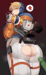  1girl :o apex_legends ass blonde_hair blue_eyes blue_headwear blush bodysuit butt_crack chamchami electricity english_commentary eyebrows_behind_hair from_behind half-closed_eyes highres hood hooded_jacket jacket lichtenberg_figure lightning_bolt_symbol looking_at_viewer looking_down open_mouth orange_jacket scar scar_on_cheek scar_on_face solo syringe torn_bodysuit torn_clothes wattson_(apex_legends) white_bodysuit 