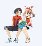  ! 1boy 1girl atsumi_yoshioka bangs beanie bike_shorts bike_shorts_under_shorts black_pants blue_eyes blush bow_hairband bracelet brendan_(pokemon) brown_hair capri_pants closed_mouth collarbone commentary_request crying eyelashes grey_background hairband hand_up hat holding holding_pokemon invisible_chair jacket jewelry lotad may_(pokemon) open_mouth pants pokemon pokemon_(creature) pokemon_(game) pokemon_oras red_hairband red_shirt sad shirt shoes short_hair shorts sitting sleeveless sleeveless_shirt sweatdrop tears teeth tongue upper_teeth white_footwear white_headwear white_shorts yellow_footwear 