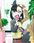  1girl arm_up asymmetrical_bangs bangs black_hair black_nails blurry blush cellphone closed_mouth commentary_request cup eyelashes green_eyes hairband highres holding holding_phone hood hood_down hooded_jacket jacket marnie_(pokemon) medium_hair mirror morpeko morpeko_(full) mug nail_polish phone pokemon pokemon_(creature) pokemon_(game) pokemon_swsh pot reflection ribbon selfie surumeika_(ninfiiiir) 