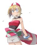  1girl bangs blonde_hair blue_eyes blush bracelet breasts collar collarbone commentary_request go_d_e hair_between_eyes hairband highres irida_(pokemon) jewelry neck_ring pokemon pokemon_(game) pokemon_legends:_arceus red_hairband red_shirt sash shirt short_hair shorts solo standing strapless strapless_shirt waist_cape white_shorts 