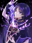  1boy bishounen drawing_sword genshin_impact hand_up highres holding holding_sword holding_weapon human_scabbard japanese_clothes jewelry lightning looking_at_viewer male_focus musou_isshin_(genshin_impact) necklace pulling purple_eyes purple_hair ribbon scaramouche_(genshin_impact) short_hair simple_background solo sword tomato_neee upper_body weapon 