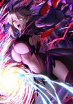  1girl absurdres artoria_pendragon_(fate) artoria_pendragon_(lancer_alter)_(fate) bangs black_bodysuit blonde_hair bodysuit braid breasts cape center_opening dark_rhongomyniad fate/grand_order fate_(series) french_braid hair_between_eyes highres hisato_nago horns lance large_breasts long_hair looking_at_viewer navel open_mouth polearm revealing_clothes ribbed_bodysuit sidelocks solo thighs underboob weapon yellow_eyes 