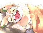  :3 =_= animal_focus blurry bokeh closed_eyes commentary_request depth_of_field dog facing_viewer fangs happy lying mochopaccho no_humans on_side open_mouth pillow pokemon pokemon_(creature) simple_background smile solo tongue tongue_out under_covers upper_body white_background yamper 
