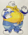  2022 96_gatefield anthro belly big_belly biped black_nose bottomwear clothing cute_fangs hi_res humanoid_hands kemono male mammal obese obese_male overweight overweight_male pants polar_bear simple_background solo ursid ursine white_body 