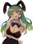  1girl :d alternate_costume animal_ears arm_under_breasts black_leotard bow bowtie breasts covered_navel detached_collar fake_animal_ears fake_tail frog frog_hair_ornament green_eyes green_hair hair_ornament hair_tubes highleg highleg_leotard highres kochiya_sanae large_breasts leotard long_hair open_mouth pantyhose playboy_bunny rabbit_ears rabbit_tail red_bow red_bowtie redrawn simple_background smile snake snake_hair_ornament solo strapless strapless_leotard tail touhou upper_body white_background wrist_cuffs zeroko-san_(nuclear_f) 