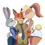  1:1 anthro canid canine disney female fox group hi_res judy_hopps kiss_mark kissing_cheek lagomorph leporid lipstick lola_bunny lonbluewolf looney_tunes makeup male male/female mammal nick_wilde rabbit warner_brothers zootopia 