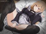  1girl bangs barbell_piercing bed bed_sheet between_legs black_dress black_legwear blonde_hair blush breasts closed_mouth cosplay covering covering_crotch cushion dress earrings eufoniuz floral_print frilled_dress frilled_sleeves frills gothic_lolita hair_behind_ear hair_between_eyes hand_between_legs highres holding_cushion industrial_piercing jewelry kitagawa_marin kuroe_shizuku lolita_fashion long_hair long_sleeves looking_at_viewer medium_breasts multiple_earrings multiple_piercings no_panties piercing red_eyes shiny shiny_skin smile solo sono_bisque_doll_wa_koi_wo_suru spread_legs straight_hair stud_earrings thighhighs thighs 