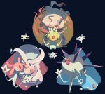  azelf black_background claws closed_eyes closed_mouth commentary_request glowing glowing_eyes highres hisuian_goodra hisuian_zoroark mesprit no_humans overqwil pokemon pokemon_(creature) red_eyes slime_(substance) spikes torinoko_(miiko_draw) uxie yellow_eyes 