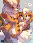  &lt;3 4_toes anthro anthrofied arcanine barefoot breasts brother brother_and_sister butt canid canine carrying carrying_partner chest_tuft claws clothed clothing cute_fangs duo edit feet female fur gesture grey_background growlithe hair larger_male legs_up looking_at_viewer lying male mammal nintendo nipples nude on_back open_mouth orange_body orange_fur pawpads paws pink_pawpads pok&eacute;mon pok&eacute;mon_(species) popodunk sibling simple_background sister size_difference smaller_female smile striped_body stripes toe_claws toes tongue tuft v_sign video_games white_hair 