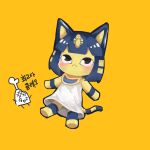  1girl :&lt; absurdres animal_crossing animal_ears ankha_(animal_crossing) bangs barefoot black_eyes black_outline blonde_hair blue_fur blue_hair blunt_bangs blush blush_stickers bob_cut body_fur boned_meat cat_ears cat_girl cat_tail chibi commentary dress egyptian english_commentary flat_chest food full_body furry furry_female haembokeyo hair_ornament highres jewelry korean_text looking_up meat multicolored_hair necklace orange_background outline shiny shiny_hair short_hair sidelocks simple_background sleeveless sleeveless_dress snake_hair_ornament solo_focus striped_tail tail translation_request two-tone_fur two-tone_hair white_dress yellow_fur 