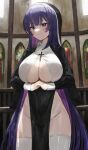  1girl bangs blush breasts cleavage highres large_breasts long_hair long_sleeves looking_at_viewer no_panties original purple_eyes purple_hair solo sonchi thighhighs thighs 