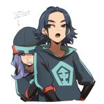  2boys adaman_(pokemon) arrow_(symbol) black_hair blush brown_eyes collarbone commentary_request crying frown hiding_behind_another highres hood hood_up hooded_jacket jacket male_focus melli_(pokemon) multiple_boys ningen_(gtup8323) open_mouth pokemon pokemon_(game) pokemon_legends:_arceus purple_eyes purple_hair shiny shiny_hair simple_background sweatdrop tears tongue translation_request upper_body white_background younger 