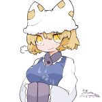  1girl =3 blonde_hair breasts gradient gradient_background hands_in_opposite_sleeves hat highres kurotaro large_breasts long_sleeves looking_at_viewer pillow_hat short_hair smile solo tabard touhou wide_sleeves yakumo_ran yellow_eyes 