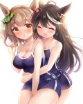  2girls :o ^_^ ahoge alternate_hair_length alternate_hairstyle animal_ears bangs bare_arms bare_shoulders between_legs black_hair blue_swimsuit blush braid breasts brown_hair cleavage closed_eyes collarbone commentary competition_school_swimsuit cowboy_shot diamond_(shape) ear_ornament ear_ribbon eyebrows_visible_through_hair gem green_ribbon hair_twirling hand_between_legs hand_up horse_ears horse_girl hug hug_from_behind kitasan_black_(umamusume) legs_together looking_at_viewer matching_outfit medium_breasts multicolored_hair multiple_girls nikoo one-piece_swimsuit orange_eyes red_eyes ribbon sapphire_(gemstone) satono_diamond_(umamusume) school_swimsuit short_hair simple_background single_vertical_stripe standing streaked_hair swimsuit thick_thighs thighs two_side_up umamusume white_background white_hair white_ribbon wide_hips 