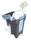  absurdres arrow_(symbol) ass black_hair blue_archive character_request commentary_request dorontabi flying_sweatdrops footprints highres leaf long_hair panties panties_under_pantyhose pantyhose recycle_bin recycling_symbol solo speech_bubble trapped trash_can underwear white_background white_panties 