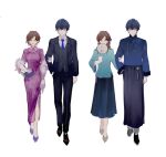  1boy 1girl bangs black_jacket black_pants blue_necktie brown_hair china_dress chinese_clothes closed_mouth dress formal full_body green_eyes hand_fan highres holding holding_fan jacket laoyepo long_sleeves marius_von_hagen_(tears_of_themis) multiple_views necktie pants polo_shirt purple_dress purple_eyes purple_hair rosa_(tears_of_themis) shirt short_hair short_sleeves tears_of_themis white_shirt 