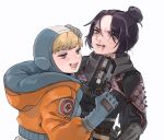  2girls apex_legends b3_wingman black_bodysuit black_hair black_scarf blonde_hair blood blood_on_face blue_gloves bodysuit eyebrows_visible_through_hair gloves gun half-closed_eyes hand_on_another&#039;s_head holding holding_gun holding_weapon hood hooded_jacket jacket lightning_bolt_symbol multiple_girls open_mouth orange_jacket scarf shimijimi wattson_(apex_legends) weapon wraith_(apex_legends) 