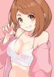  1girl absurdres bangs bare_shoulders blush bob_cut boku_no_hero_academia bra breasts brown_eyes brown_hair claw_pose cleavage eyelashes fingernails grin hand_up highres itou_kazuki looking_at_viewer off_shoulder open_clothes open_shirt outstretched_arm pink_background pink_shirt shirt short_hair simple_background smile solo swept_bangs underwear upper_body uraraka_ochako white_bra 