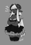  2022 ais05 anthro bovid breasts caprine clothed clothing dark_body dark_fur dark_skin digital_media_(artwork) domestic_sheep dress female fur gothic_lolita hair horn lolita_(fashion) looking_at_viewer mammal sheep simple_background solo tongue tongue_out topwear white_hair zuzu_(paledrake) 