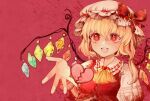  1girl ascot bangs blonde_hair bow breasts buttons chinese_commentary collared_shirt commentary_request crystal dress eyebrows_visible_through_hair eyes_visible_through_hair flandre_scarlet frills gem hair_between_eyes hand_up hat hat_bow heart highres jewelry kuchuanleikan medium_breasts mob_cap multicolored_wings one_side_up open_mouth puffy_short_sleeves puffy_sleeves red_background red_bow red_dress red_eyes ruby_(gemstone) shirt short_hair short_sleeves simple_background smile solo teeth tongue touhou upper_body white_headwear white_shirt wings yellow_ascot 
