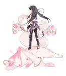  1girl :3 akemi_homura argyle argyle_legwear arrow_(projectile) arrow_in_body arrow_in_head back_bow black_footwear black_hair black_legwear blood bow bow_(weapon) colored_inner_hair creature english_commentary gradient_fur halo holding holding_bow_(weapon) holding_weapon kyubey long_hair long_sleeves looking_at_viewer looking_back mahou_shoujo_madoka_magica multicolored_hair pantyhose pink_blood pink_eyes pink_fur purple_bow purple_hair purple_skirt shirt shoes skirt standing_on_animal u_emper very_long_hair weapon white_fur white_shirt wide_shot 