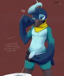  2022 absurd_res anthro avian blue_body blue_feathers bodily_fluids bradshaw_(rivals_of_aether) clear_urine clothed clothing english_text feathers foreskin genital_fluids genitals hi_res male nopetrol partially_clothed partially_retracted_foreskin peeing penis rivals_of_aether scarf solo standing text toilet underwear underwear_down urine urine_stream video_games 