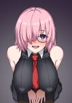  1girl :d bangs bare_shoulders black_dress blush breasts dress fate/grand_order fate_(series) glasses hair_over_one_eye highres large_breasts leaning_forward light_purple_hair looking_at_viewer mash_kyrielight muta_poo necktie nose_blush open_mouth pink_hair purple_eyes short_hair sleeveless smile solo 