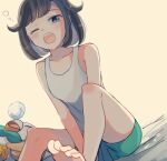  1girl atsumi_yoshioka bangs barefoot black_hair blush bubble commentary_request eyebrows_visible_through_hair eyelashes from_below green_shorts grey_eyes looking_down lowres medium_hair nose_bubble one_eye_closed open_mouth pokemon pokemon_(creature) pokemon_(game) pokemon_sm rowlet selene_(pokemon) shirt shorts sitting sleepy sleeveless sleeveless_shirt tearing_up teeth toes tongue upper_teeth white_shirt 