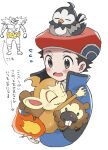  1boy arrow_(symbol) bidoof black_hair blue_jacket blush chimchar commentary_request fire flame flying_sweatdrops grey_eyes hat highres infernape jacket lucas_(pokemon) male_focus mikanbako_(aitatadon3) on_head open_mouth pokemon pokemon_(creature) pokemon_(game) pokemon_dppt pokemon_on_head pokemon_platinum red_headwear short_hair starly tongue translation_request white_background 