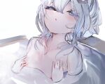 1girl azur_lane bangs blue_eyes breasts collarbone commentary_request eyebrows_visible_through_hair grey_hair hair_between_eyes half-closed_eyes hands_up highres le_malin_(azur_lane) long_hair looking_at_viewer parted_lips partially_submerged small_breasts solo tota_(sizukurubiks) upper_body water white_background 