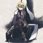  1girl armor blonde_hair blue_eyes breasts eyebrows_visible_through_hair fate/apocrypha fate_(series) full_body gauntlets headpiece jeanne_d&#039;arc_(fate) looking_at_viewer sakamoto_mineji short_hair simple_background smile solo thighhighs 