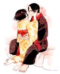  1boy 1girl black_hair e-0057 hand_on_another&#039;s_face highres hoozuki_(hoozuki_no_reitetsu) hoozuki_no_reitetsu horns hug japanese_clothes kneeling looking_at_another on_bed oni_horns peach_maki short_hair 