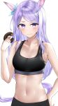  1girl animal_ears bangs bare_shoulders black_sports_bra blush breasts cleavage closed_mouth doughnut ear_bow food groin hand_up highres holding holding_food horse_ears kaku_yone long_hair looking_at_viewer mejiro_mcqueen_(umamusume) midriff navel purple_eyes simple_background small_breasts solo sports_bra sportswear sweat umamusume upper_body v-shaped_eyebrows white_background 