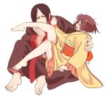  1boy 1girl barefoot black_hair blush e-0057 hoozuki_(hoozuki_no_reitetsu) hoozuki_no_reitetsu horns japanese_clothes kissing_foot looking_at_another on_lap oni_horns peach_maki short_hair surprised 