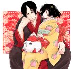  1boy 1girl black_hair blush e-0057 hand_on_own_face hoozuki_(hoozuki_no_reitetsu) hoozuki_no_reitetsu horns japanese_clothes looking_at_another on_lap oni_horns peach_maki red_eyes short_hair stuffed_toy 