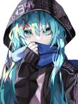  1girl aqua_eyes aqua_hair black_hoodie blue_scarf covering_mouth eyelashes green_eyes hair_ornament hairclip halftone_texture hatsune_miku highres hood hood_up hoodie long_hair looking_at_viewer mikaduki_3636 number_print open_clothes open_hoodie pale_skin scarf sketch solo star_(symbol) star_hair_ornament twintails urban very_long_hair vocaloid zipper 