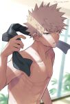 1boy abs bakugou_katsuki blonde_hair blurry blurry_background boku_no_hero_academia collarbone depth_of_field eyebrows_visible_through_hair highres holding holding_towel looking_at_viewer male_focus open_mouth plant red_eyes solo spiked_hair sweatdrop toned toned_male topless_male towel towel_around_neck twitter_username ume_(326310) v-shaped_eyebrows 