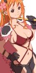  1girl aoi_nori_(aoicoblue) bangs bikini bikini_top_only black_gloves black_skirt breasts brown_eyes cleavage collarbone cowboy_shot earrings gloves hand_on_hip holding jewelry large_breasts long_hair looking_at_viewer nami_(one_piece) navel one_piece orange_hair red_bikini shoulder_pads sidelocks simple_background skirt smile solo swimsuit white_background 