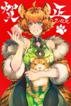  1girl 2022 animal_ear_fluff animal_ears animal_print bare_shoulders breasts brown_hair china_dress chinese_clothes chinese_new_year chinese_zodiac cleavage clothing_cutout collarbone dress eyebrows_visible_through_hair fur_trim highres jacket kin_mokusei large_breasts medium_hair new_year open_mouth original pelvic_curtain print_coat print_jacket red_background short_sleeves simple_background stuffed_toy tail tiger_ears tiger_print tiger_tail year_of_the_tiger 
