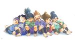  6+boys ^_^ arm_guards barefoot black_hair brown_hair child closed_eyes facing_viewer full_body grin hand_on_another&#039;s_shoulder hands_on_own_knees happy highres indian_style japanese_clothes kema_tomesaburou knee_up knees_up laughing leaning_back leaning_on_person leaning_to_the_side lineup male_focus mememe225 multiple_boys nakazaike_chouji nanamatsu_koheita open_mouth ponytail rakudai_ninja_rantarou shin_guards shioe_monjirou side-by-side sitting smile tachibana_senzou white_background younger zenpouji_isaku 