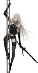  1girl android black_gloves black_legwear blue_eyes breasts closed_mouth elbow_gloves gloves ladder long_hair looking_at_viewer nier_(series) nier_automata sakamoto_mineji silver_hair simple_background solo sword thighhighs weapon white_background yorha_type_a_no._2 
