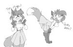  ? anthro bottomwear breasts canid canine clothed clothing dialogue digital_media_(artwork) dress english_text female fox fur fur_tuft hair hands_on_knees hands_on_legs hands_on_own_knees inner_ear_fluff josycid leg_tuft mammal monochrome open_mouth pepper_(sketchytoasty) raised_bottomwear raised_clothing raised_skirt red_fox simple_background skirt solo straps text topwear tuft white_background 