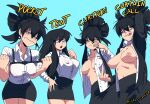  1girl absurdres aqua_background bangs black_hair black_jacket black_pants black_skirt breasts breasts_apart collared_shirt covered_nipples cowboy_shot curtain_call_challenge english_text hair_between_eyes hand_on_hip hand_up highres inker_comics jacket long_hair long_sleeves middle_finger multiple_views nipples no_bra open_clothes open_shirt original pants parted_lips shirt simple_background skirt sleeves_rolled_up smile white_shirt 