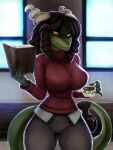  anthro big_breasts black_hair book breasts clothing container cup digital_media_(artwork) dragon female general-irrelevant hair hi_res holding_book holding_cup holding_object holding_tea_cup matcha_green_tea red_clothing red_sweater red_topwear smile solo sweater tea_cup topwear window yellow_eyes 