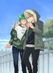  2boys bakugou_katsuki black_shirt blonde_hair boku_no_hero_academia coffee_cup cup day disposable_cup drinking freckles green_hair green_jacket grin highres holding holding_cup hood hood_up jacket looking_at_viewer male_focus midoriya_izuku multiple_boys partially_unzipped red_eyes shirt sky smile spiked_hair starbucks steam t-shirt tree twitter_username ume_(326310) v v-shaped_eyebrows 