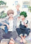  2boys bakugou_katsuki barefoot blonde_hair boku_no_hero_academia bubble bubble_blowing collarbone couch dated feet green_eyes green_hair hanging_plant highres hood hood_down leaf male_focus midoriya_izuku multiple_boys open_mouth overalls pillow pixiv_id plant plant_request potted_plant red_eyes school_uniform shelf shirt sitting spiked_hair star_(symbol) star_print teeth twitter_username ume_(326310) white_shirt 