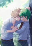  2boys absurdres bakugou_katsuki belt blonde_hair boku_no_hero_academia brown_belt collared_shirt crying crying_with_eyes_open freckles green_eyes green_hair highres holding_another&#039;s_wrist imminent_kiss looking_at_another male_focus midoriya_izuku multiple_boys profile red_eyes shirt spiked_hair tears twitter_username ume_(326310) white_shirt yaoi 