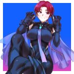  1girl bangs bazett_fraga_mcremitz black_bodysuit blush bodysuit breasts earrings fate/grand_order fate_(series) haruyolivine jewelry large_breasts long_hair looking_at_viewer low_ponytail manannan_mac_lir_(fate) mole mole_under_eye parted_bangs pelvic_curtain red_eyes red_hair sitting smile solo thighs 