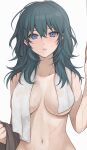  1girl bangs banned_artist blue_eyes blue_hair blush breasts byleth_(fire_emblem) byleth_(fire_emblem)_(female) collarbone commentary fire_emblem fire_emblem:_three_houses hair_between_eyes highres large_breasts long_hair navel nude shimizu_akina solo stomach symbol-only_commentary towel towel_around_neck upper_body 